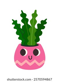 Smiling pink pot with green leafy plant, simple cartoon style, white background. Concept of cheerful indoor decor and nature-themed design. Vector illustration.