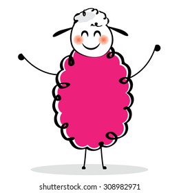 smiling pink sheep on a white background