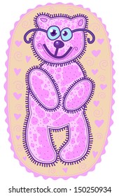 Smiling pink teddy bear with glasses. Gentle background with wavy pink frame. Pink hearts and spirals on a background.