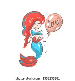 Smiling pink-haired mermaid with balloon and word love