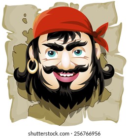 Smiling pirate against a treasure map drawn in cartoon style. Isolated on white background.