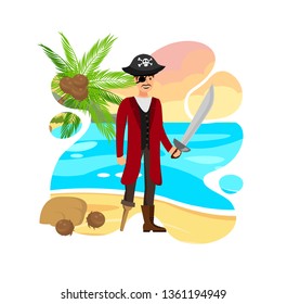 Smiling Pirate Captain Vector Color Illustration. Buccaneer with Eyepatch and without Leg Cartoon Character. Man in Pirate Costume Isolated on White Background. Sailor Standing on Sand Beach