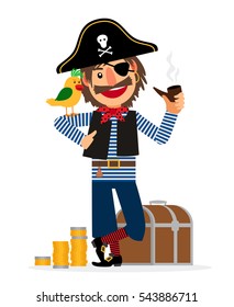 Smiling pirate character with parrot, pipe, treasure chest and coins isolated on white background. Vector illustration