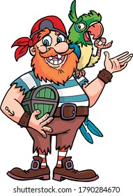 smiling pirate holds a small coffin with a treasure in his hands and a parrot on his shoulder 