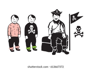 Smiling Pirate Sitting on Treasure Chest with Party Twins Brothers - Jolly Roger Flag, Character Icons Silhouettes in Minimalist Vector Isolated on White Background - Logo or Party Flier