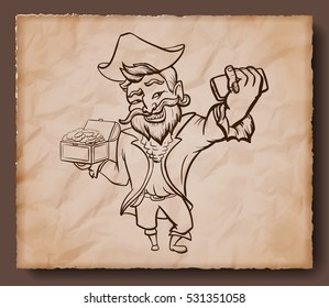 Smiling pirate taking selfie and holding treasures. Funny corsair with smartphone and chest full of golden coins. Cartoon character. Vector illustration