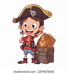 Smiling pirate with treasure. The adventure of the corsairs. Cartoon vector illustration. label, sticker, t-shirt printing