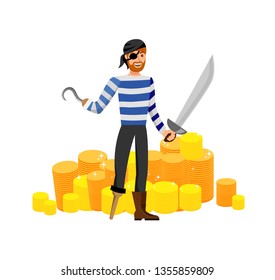 Smiling Pirate, Treasure Hunter Flat Illustration. Man in Striped T shirt and Eyepatch Cartoon Character. Cheerful Guy with Hand Hook and Wooden Leg Holding Sword. Adventure Seeker with Prosthesis