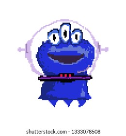 Smiling pixel alien with three eyes. Funny blue Martian wearing space suit. Can be used for topics like monster, creature, invader