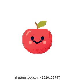Smiling pixel art apple with leaf and cute face. Bright red apple illustration with cheerful expression and pixelated details.