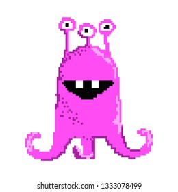 Smiling pixel magenta monster. Positive friendly creature with three eyes. Can be used for topics like mutant, cartoon, videogame