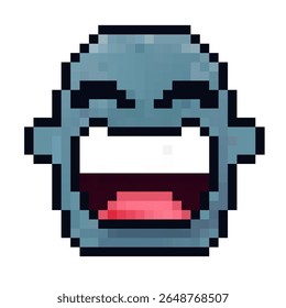 Smiling pixelated face expressing joy in vivid blue shades with open mouth and gleeful eyes