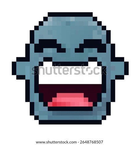 Smiling pixelated face expressing joy in vivid blue shades with open mouth and gleeful eyes