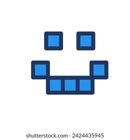 Smiling pixelated robot face. Chat bot avatar, abstract techno element for modern and retro technological design. Simple color vector pictogram isolated on white background