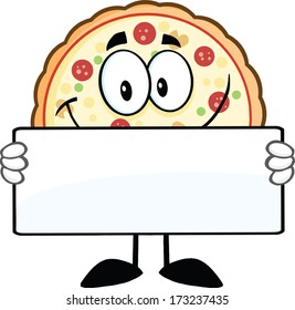 Smiling Pizza Cartoon Mascot Character Holding A Sign. Vector Illustration Isolated on white