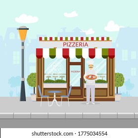 Smiling pizza chef with moustache holding a pizza and inviting to pizzeria. Pizzeria facade with summer cafe. City landscape background. Vector illustration