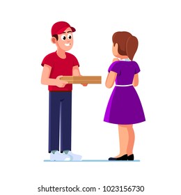 Smiling pizza delivery courier boy giving cardboard pizza to a excited client woman. Pizzaman guy wearing uniform cap delivering box. Flat vector character illustration isolated on white background.