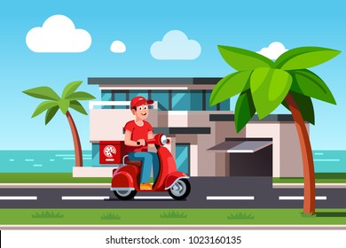 Smiling pizza delivery courier boy delivering pizza to seashore suburb house on retro scooter. Delivery man riding on moped at shore line driveway. Flat vector character isolated illustration.