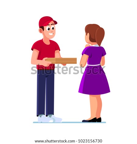 Smiling pizza delivery courier boy giving cardboard pizza to a excited client woman. Pizzaman guy wearing uniform cap delivering box. Flat vector character illustration isolated on white background.