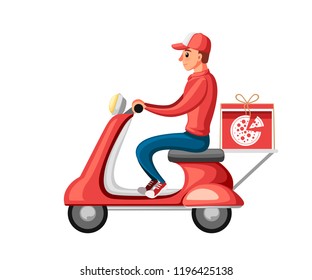 Smiling pizza delivery courier. Food courier on red retro scooter with trunk case box. Pizza delivery. Cartoon character design. Flat vector illustration isolated on white background.