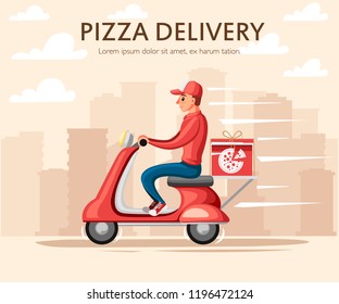 Smiling pizza delivery courier. Food courier on red retro scooter with trunk case box. Pizza delivery. Cartoon character design. Flat vector illustration on city landscape background.