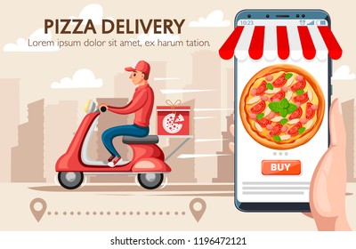 Smiling pizza delivery courier and smartphone with app. Food courier on red retro scooter with trunk case box. . Cartoon character design. Flat vector illustration on city landscape background.