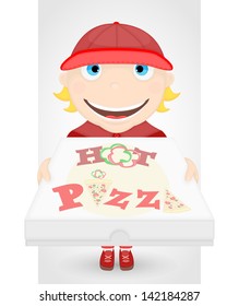 Smiling pizza delivery man in red uniform holding the pizza box