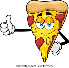 Personaje De Dibujo De Pizza Slice Sonriente, Dando Los Pulgares Hacia Arriba. Ilustración dibujada a mano vectorial aislada en fondo transparente