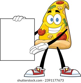Smiling Pizza Slice Cartoon Character Present Blank Sign. Vector Hand Drawn Illustration Isolated On Transparent Background