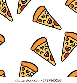 Pizza sorridente fatia padrão sem costura. ilustração desenhada à mão e rabiscar para adesivo, cartão postal, papel de parede, mural, tecido, impressões, etc