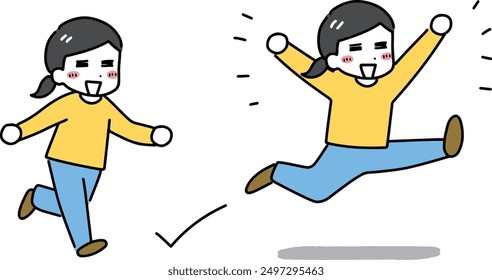 Smiling plainclothes woman jumping while running