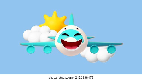 Smiling plane in sky with sun and clouds. Hello Summer! Cool summer vacation. 3D tropic holiday design. Exotic journey