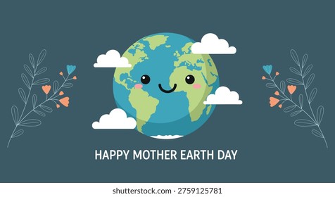 Smiling planet earth character surrounded by clouds and decorative branches with blue and orange flowers for Earth Day.