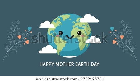 Smiling planet earth character surrounded by clouds and decorative branches with blue and orange flowers for Earth Day.