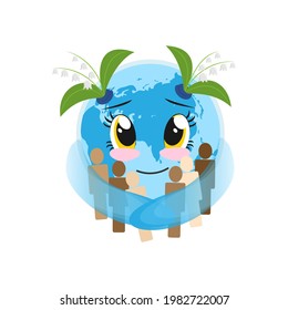 Smiling planet Earth hugs people with love and care. Environmental protection, sustainable development, ecology concept. World environment day, Earth day. Vector cartoon illustration