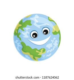Smiling planet earth isolated on white background. Funny cute character. Vector illustration in cartoon flat style.