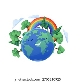 Planeta sorridente Terra cercada por árvores e arco-íris em um vetor de fundo isolado branco ilustração