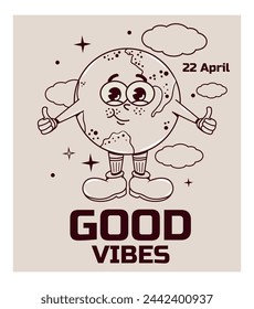 Smiling planet in retro groovy style. Earth Day. April 22. Vector. Hippie 70s, 80s. Funky cute poster. Caring and loving the planet. Eco saving. Environment. Psychedelic globe. Smile. Good vibes. y2k