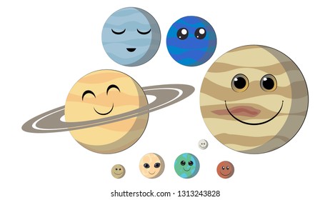 Smiling planets of the Solar System. Planets with faces funny characters: Mercury, Venus, Earth, Mars, Jupiter, Saturn, Uranus, Neptune