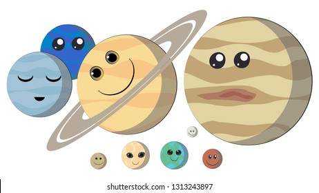 Smiling planets of the Solar System. Planets with faces funny characters: Mercury, Venus, Earth, Mars, Jupiter, Saturn, Uranus, Neptune