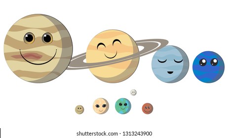 Smiling planets of the Solar System. Planets with faces funny characters: Mercury, Venus, Earth, Mars, Jupiter, Saturn, Uranus, Neptune