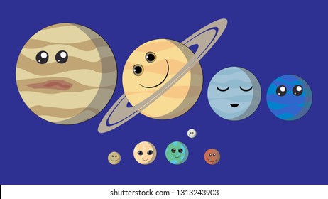 Smiling planets of the Solar System. Planets with faces funny characters: Mercury, Venus, Earth, Mars, Jupiter, Saturn, Uranus, Neptune
