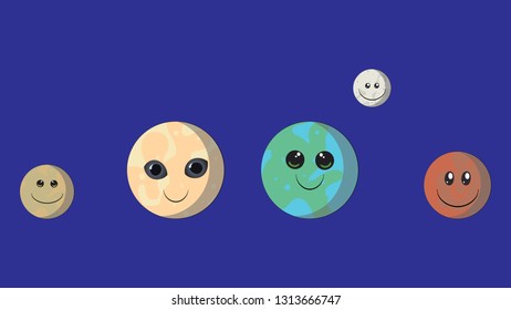 Smiling planets of the Solar System. Planets with faces funny characters: Mercury, Venus, Earth, Moon, Mars