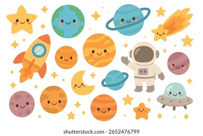 Smiling planets, stars, rocket, astronaut, and UFO gather in a fun outer space cartoon perfect for kids, solar system education, or science-themed art.