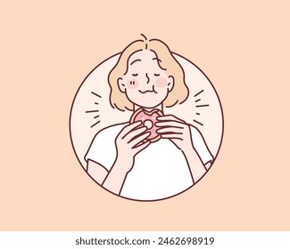  smiling pleased woman, eats glazed pink doughnut, enjoys eating tasty donnut. Hand drawn style vector design illustrations.