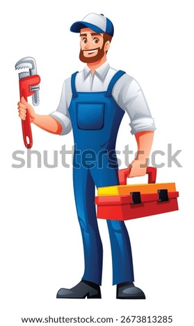 Smiling plumber with a beard, wearing a cap and overalls, holding a wrench and a toolbox. Vector cartoon illustration