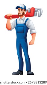 Encanador sorridente carregando uma grande chave vermelha no ombro. Ilustração de desenho animado vetorial