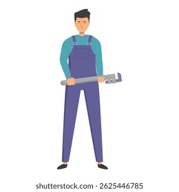 Smiling plumber is holding a pipe wrench, ready to start working