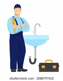 Un plomero sonriente con uniforme se para al lado del fregadero y sostiene una llave en la mano. La caja de herramientas está cerca. La tubería funciona. Ilustración vectorial en estilo plano sobre fondo blanco.