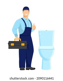 Lächelnder Klempner in Uniform steht neben der Toilette und hält einen Werkzeugkasten in den Händen. Reparateur zeigt Daumen auf Schild. Das Klemmen funktioniert. Vektorgrafik im flachen Stil auf weißem Hintergrund.